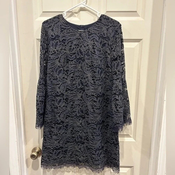 Dress the Population Paige Bell Sleeve Dress Navy Metallic Floral Lace Large - Picture 4 of 14